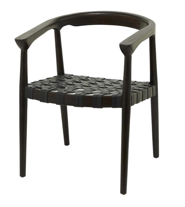 DARK BROWN TEAK WOOD HANDMADE WOVEN DINING CHAIR WITH ARMRESTS