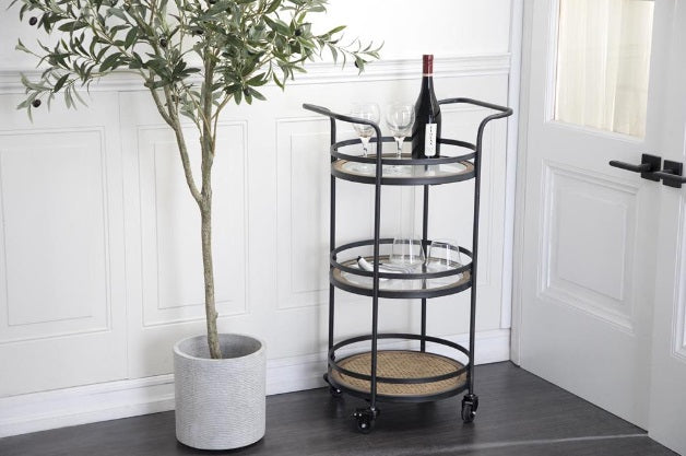 BROWN METAL ROLLING 1 RATTAN AND 2 GLASS SHELVES BAR CART WITH HANDLES, 21" X 16" X 35"