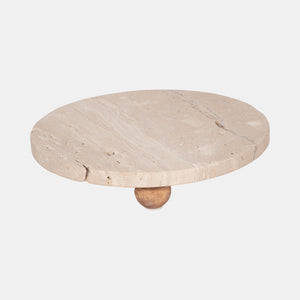 10'' TRAVERTINE TRAY ON WOOD BALL FEET, TAN