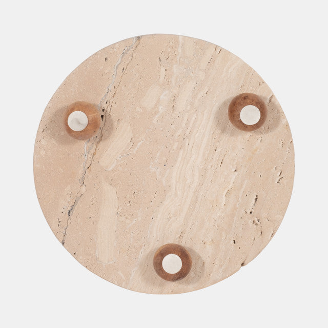 10'' TRAVERTINE TRAY ON WOOD BALL FEET, TAN