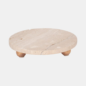 10'' TRAVERTINE TRAY ON WOOD BALL FEET, TAN