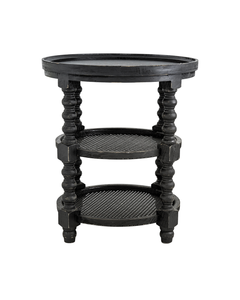 BLACK WOOD RATTAN 3-TIER SIDE TABLE